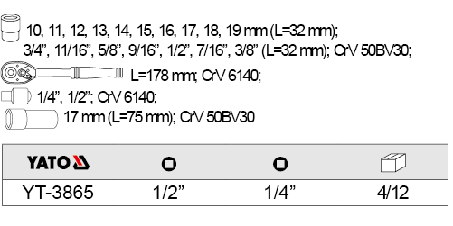 Bộ tuýp tay vặn tổng hợp 1/4-1/2inch 21 chi tiết Yato YT-3865