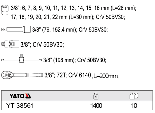 Bộ tuýp tay vặn tổng hợp 3/8 inch 22 chi tiết Yato YT-38561
