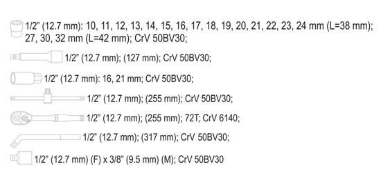 Bộ tuýp tay vặn tổng hợp 1/2 inch 25 chi tiết Yato YT-38741