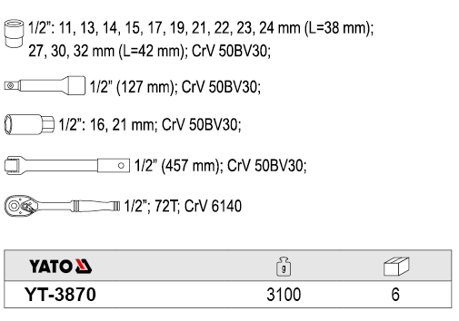 Bộ tuýp tay vặn tổng hợp 1/2 inch 18 chi tiết Yato YT-3870